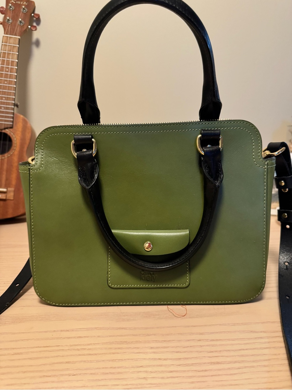 Orla Kiely Olive Green Leather Shoulder Bag with Black Handles